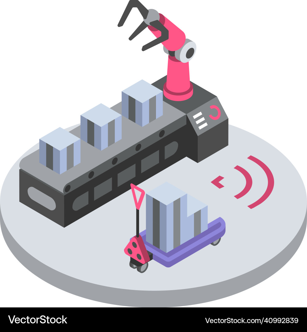 Mechanical robot arm isometric color conveyor Vector Image