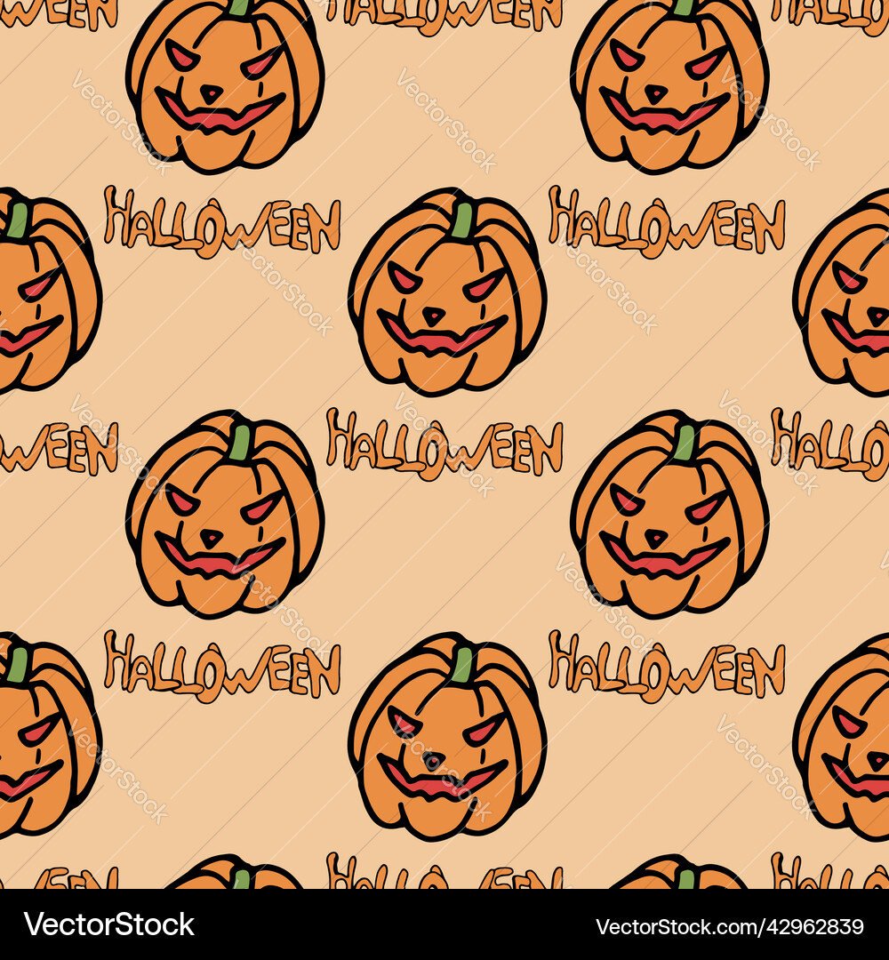 Seamless pattern with scary pumpkin and text Seamless pattern with scary pumpkin and text Vector Image
