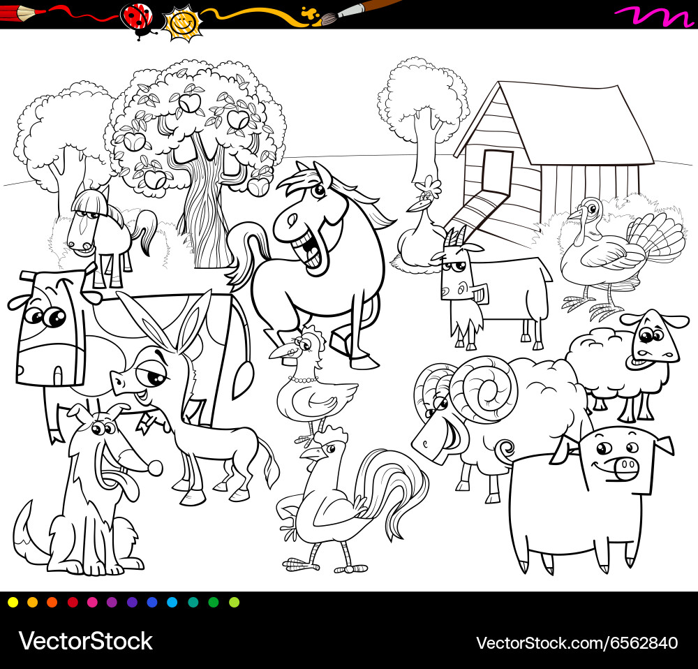 Cute Farm Animal Coloring Pages – Royalty-Free Vector | VectorStock, image size:1000x958
