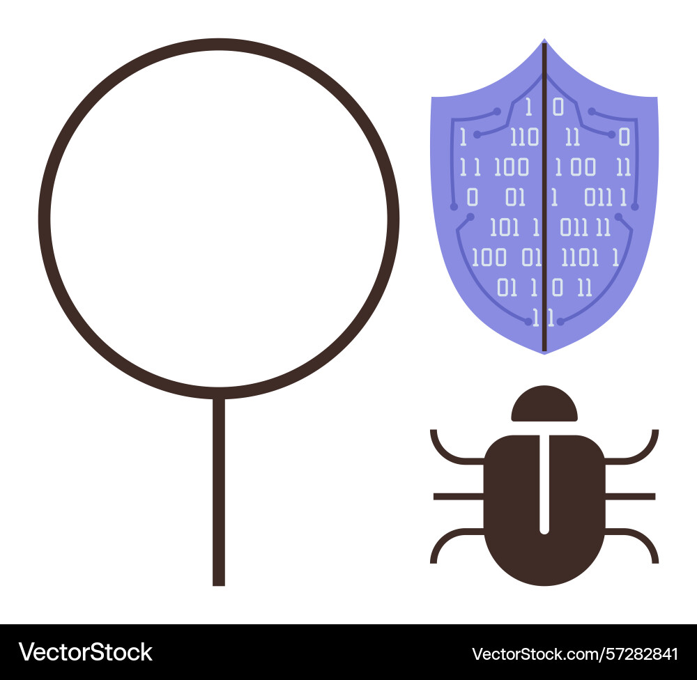 Bug detection and cybersecurity shield with binary Bug detection and cybersecurity shield with binary vector image