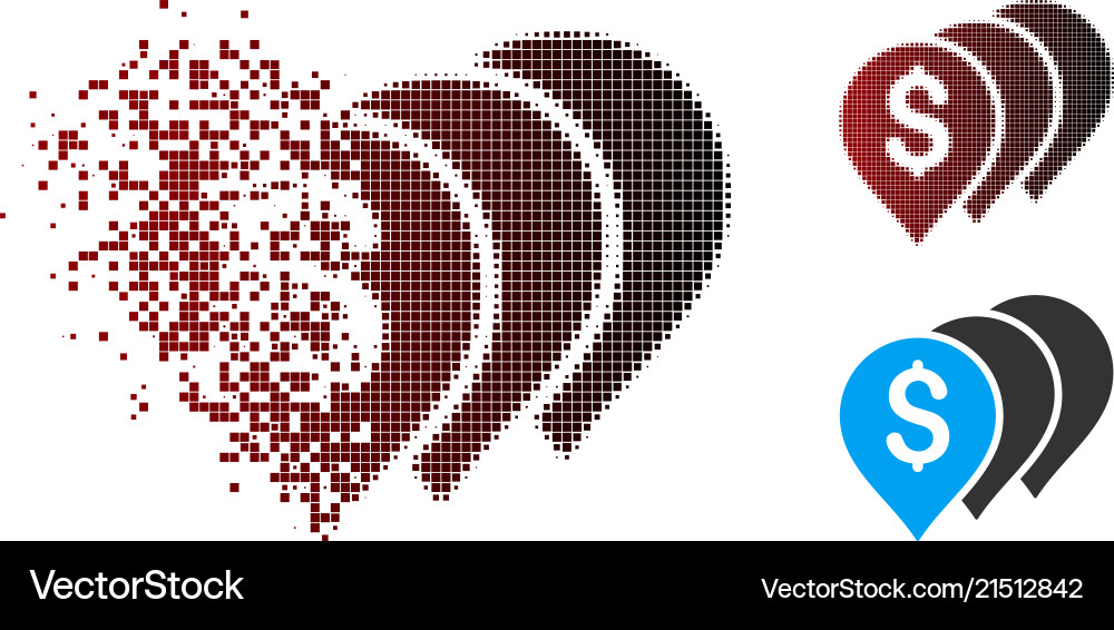 Fractured pixel halftone money map pointers icon Fractured pixel halftone money map pointers icon vector image