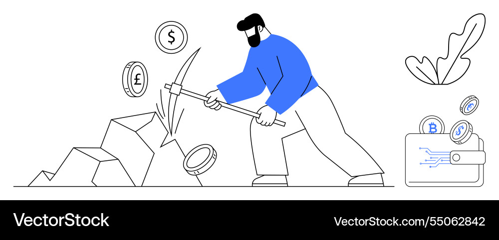 Man using pickaxe to mine digital currencies Vector Image