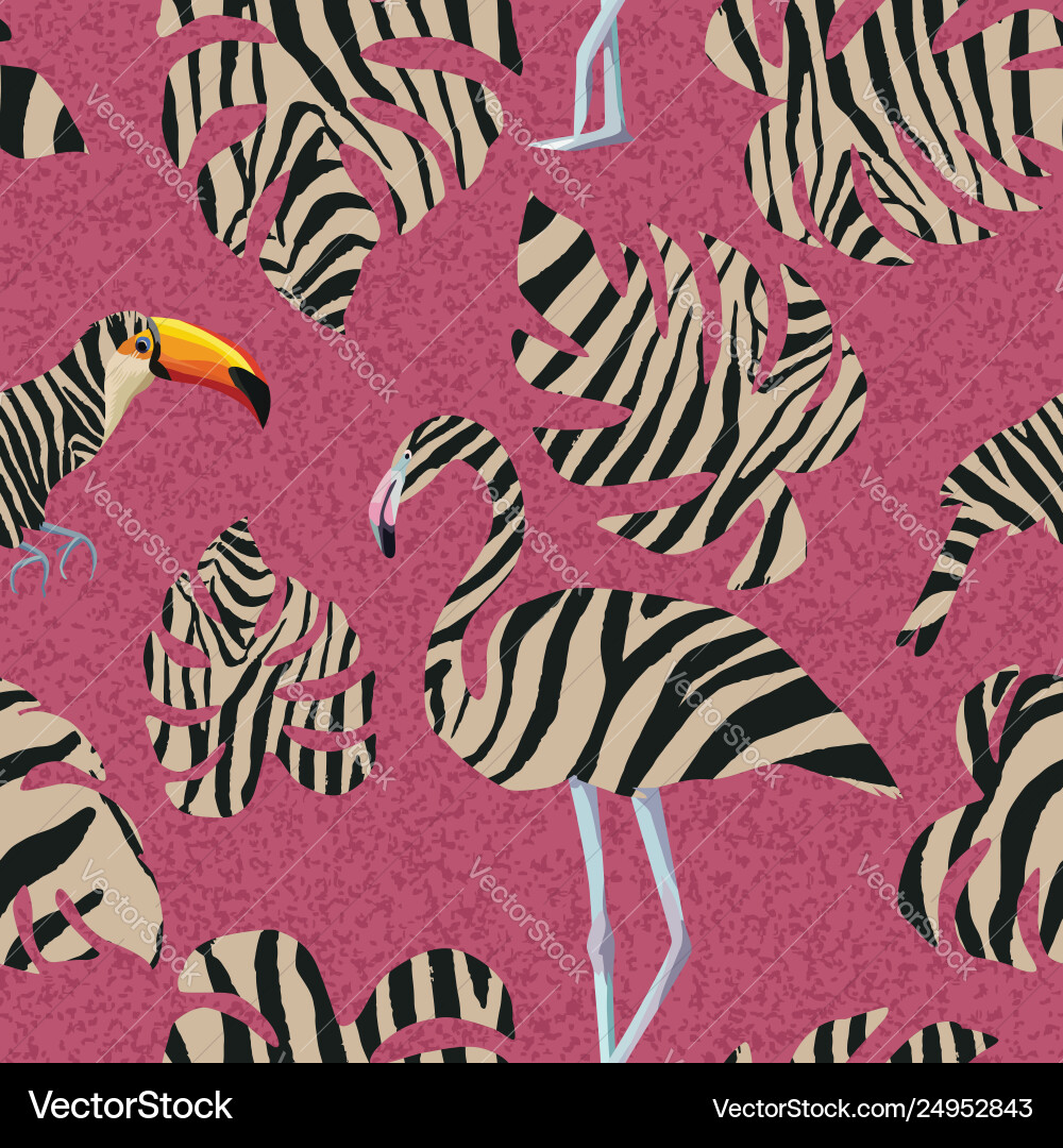 Flamingo and toucan in zebra style seamless Flamingo and toucan in zebra style seamless vector image