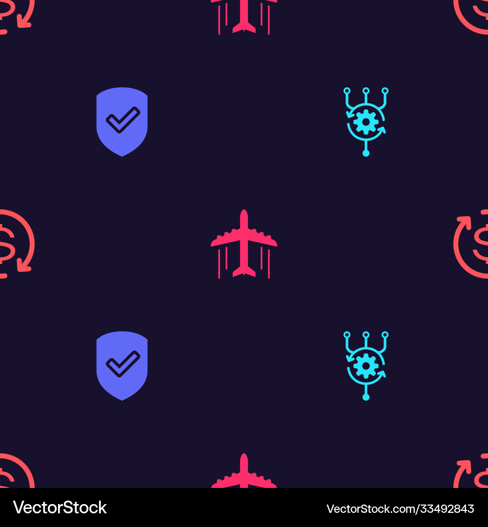 Set algorithm shield with check mark plane Set algorithm shield with check mark plane vector image