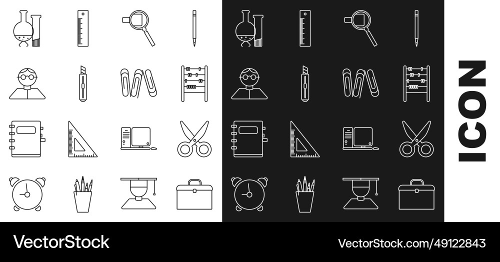 Set line briefcase scissors abacus magnifying Set line briefcase scissors abacus magnifying vector image