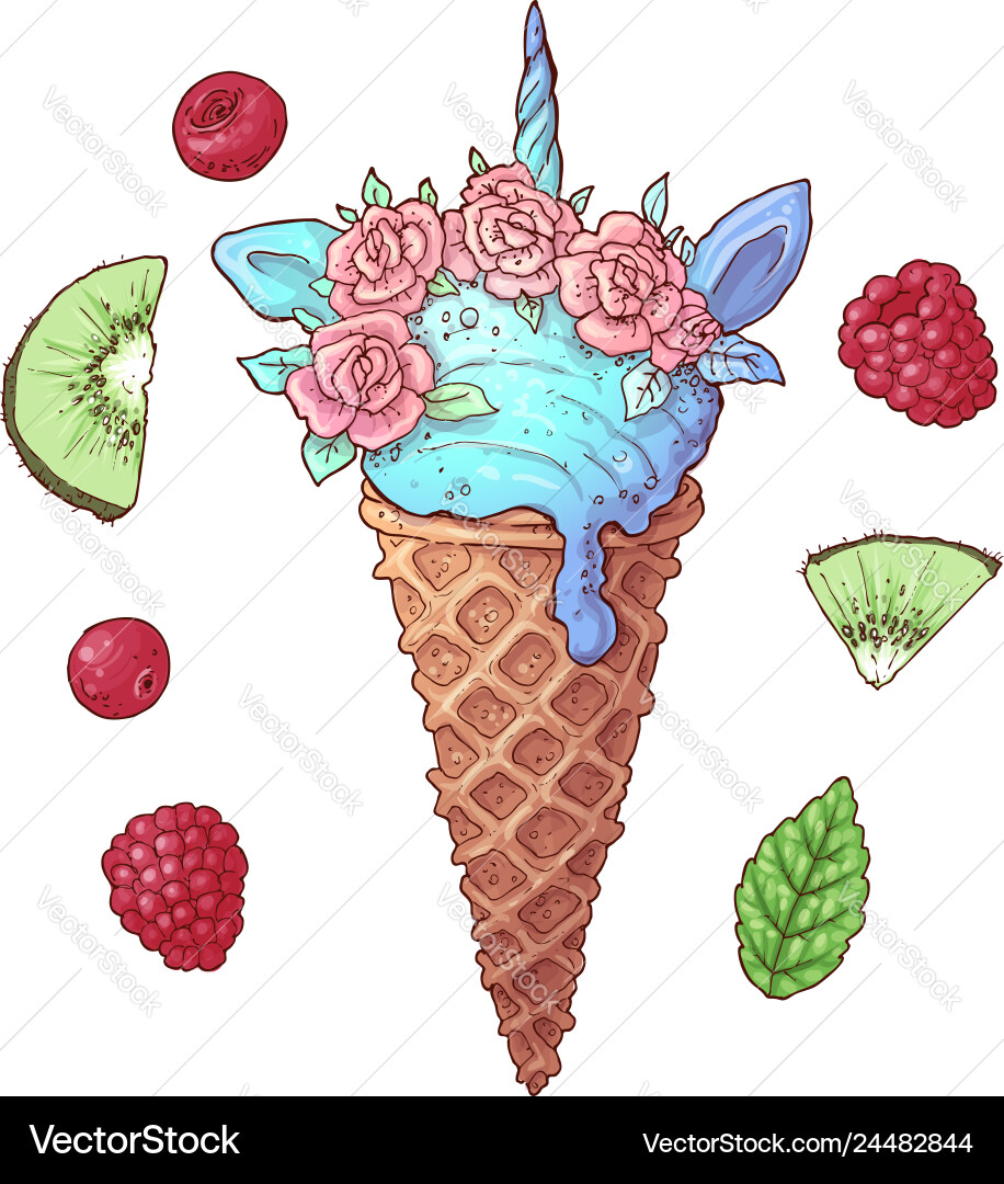 Ice Cream Unicorn with Kiwi and Raspberry vector image
