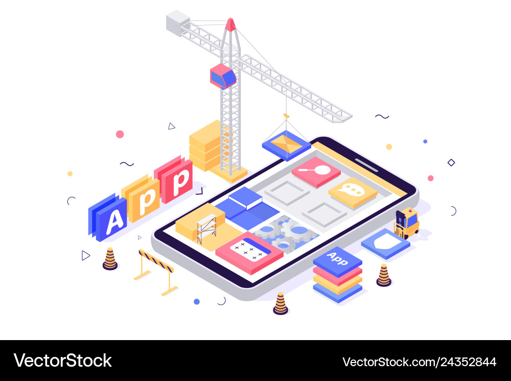 Isometric Mobile App Building Concept vector image