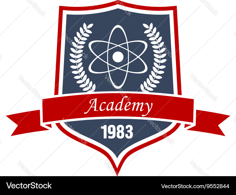 Physics academy emblem with shield and atom vector image