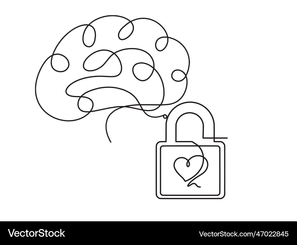 Abstract heart-lock with brain as continuous line vector image