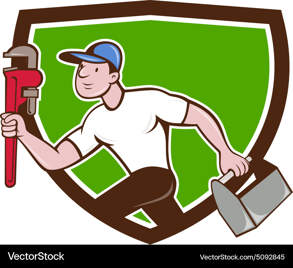 Plumber running toolbox wrench crest cartoon vector image