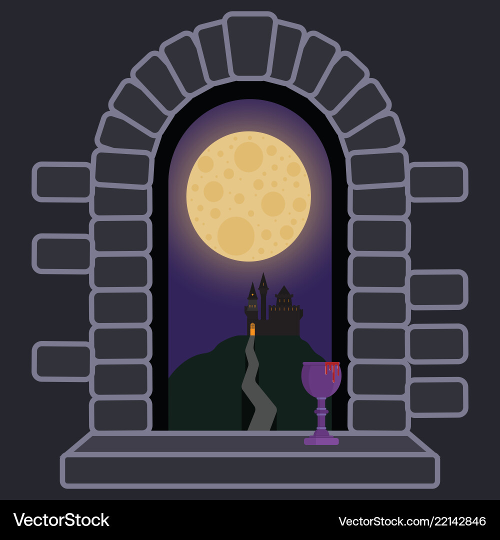 Castle Window - Full Moon Nightscape Vector Image