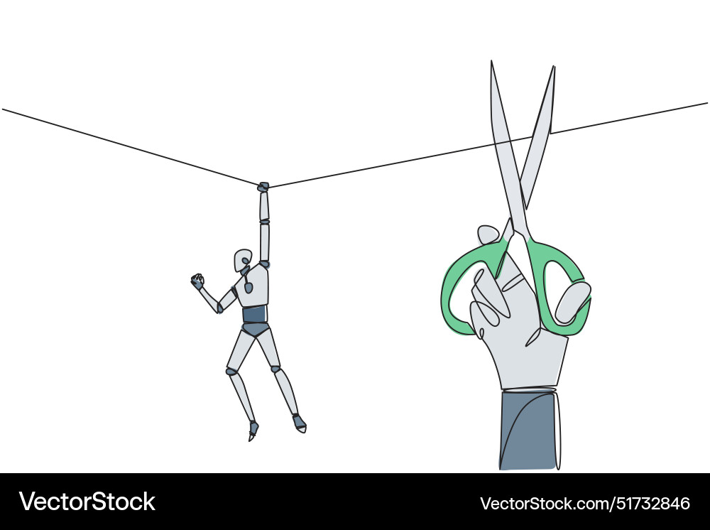 Continuous one line drawing the robot hanging Vector Image