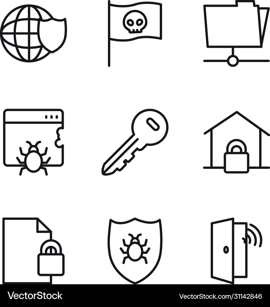 Key and cyber security icon set line style Key and cyber security icon set line style vector image