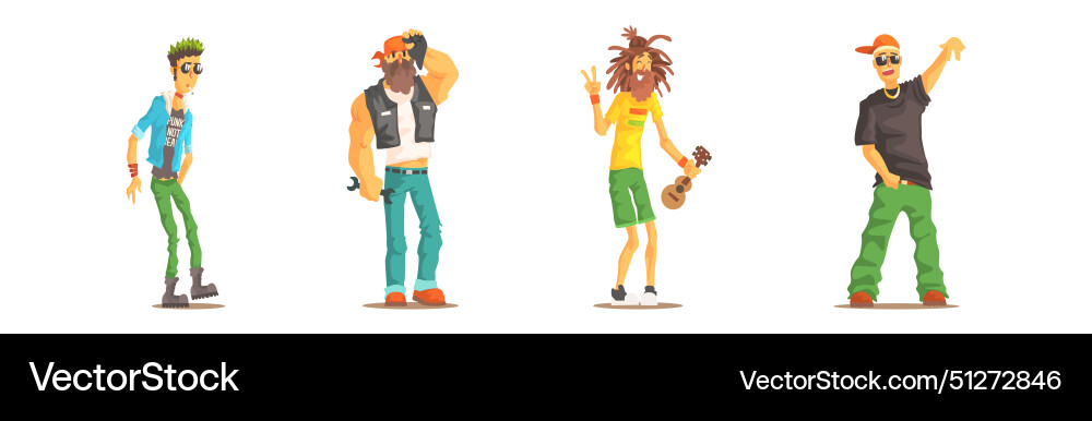 Man character of different subculture in standing Man character of different subculture in standing Vector Image