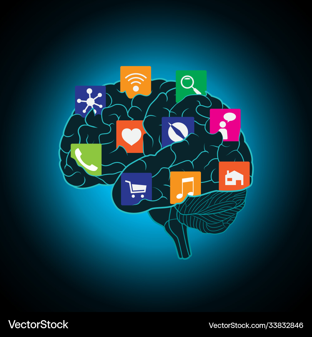 Mobile apps installed into brain replacing Mobile apps installed into brain replacing vector image