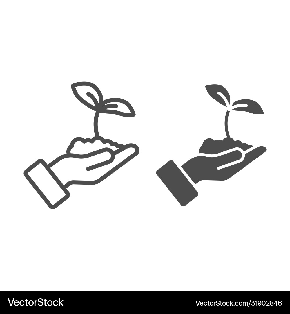 Seedling with two leaves in hand line and solid vector image