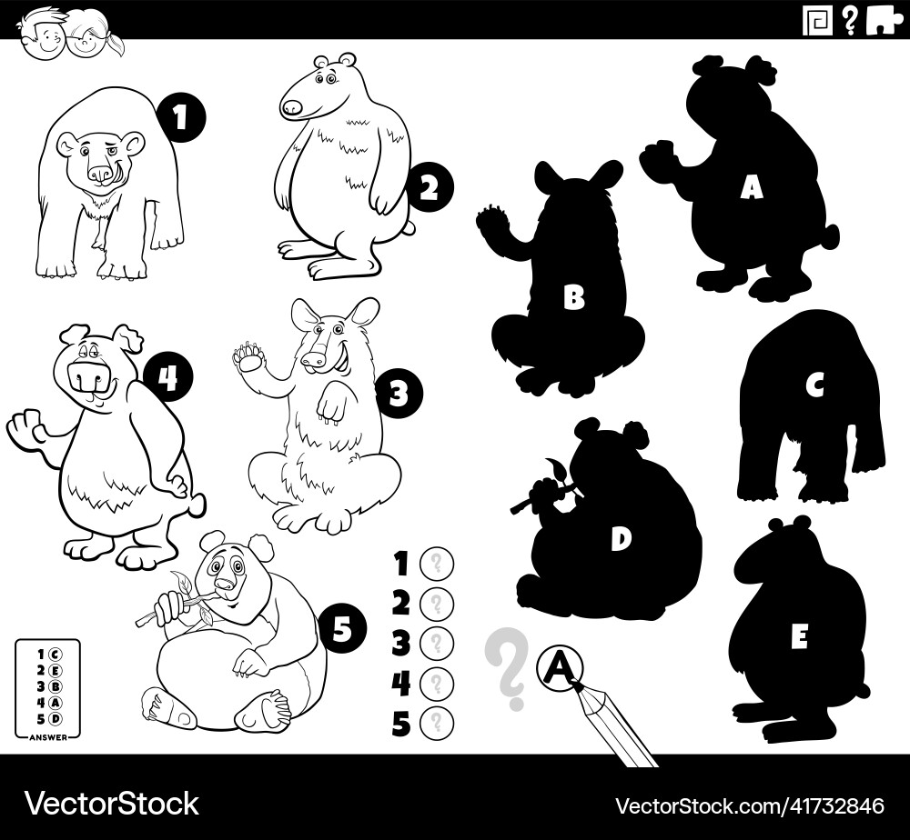 Shadows game with bears animals coloring book page Shadows game with bears animals coloring book page vector image