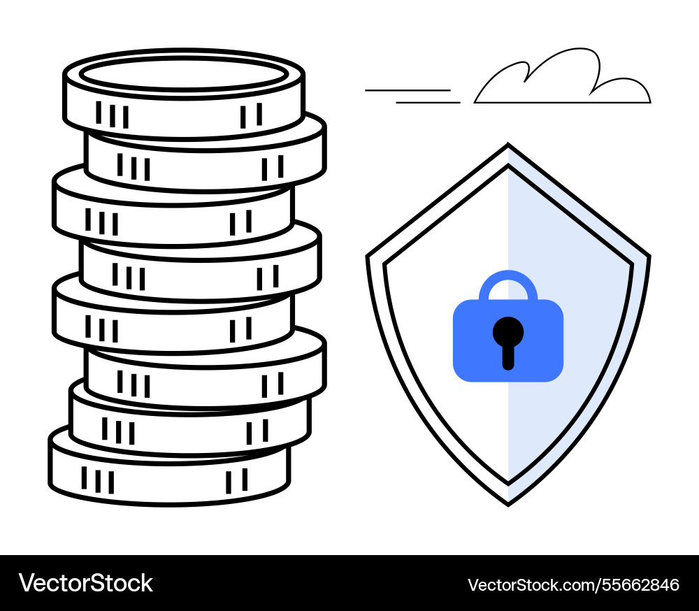 Stacked coins and shield with lock representing vector image