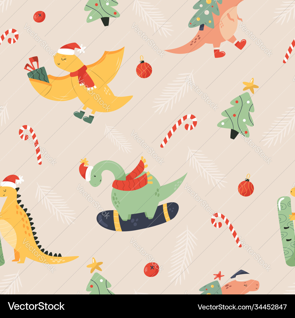 Holiday seamless pattern with cute dinos Holiday seamless pattern with cute dinos Vector Image