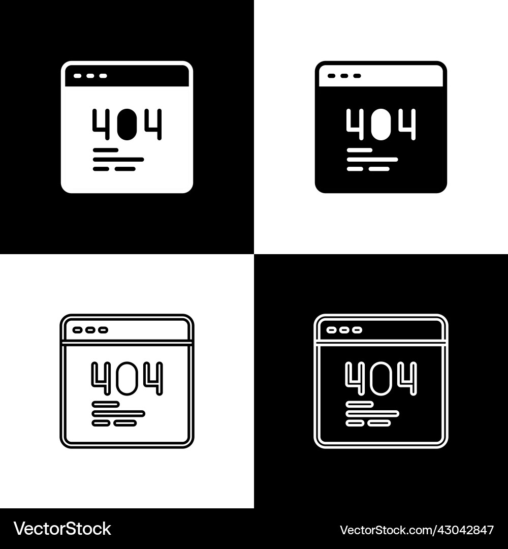 Set page with a 404 error icon isolated on black Set page with a 404 error icon isolated on black vector image