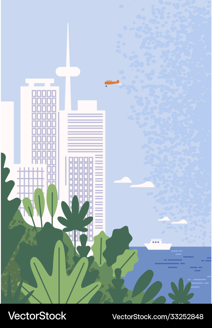 Erstaunliche moderne Stadt mit Wolkenkratzern am Meer Erstaunliche moderne Stadt mit Wolkenkratzern am Meer vektorbild