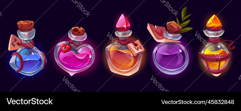 Potion bottles with magic elixir cartoon flasks Potion bottles with magic elixir cartoon flasks vector image