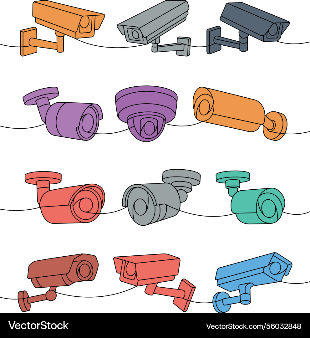 Security cameras one line colored continuous Security cameras one line colored continuous vector image