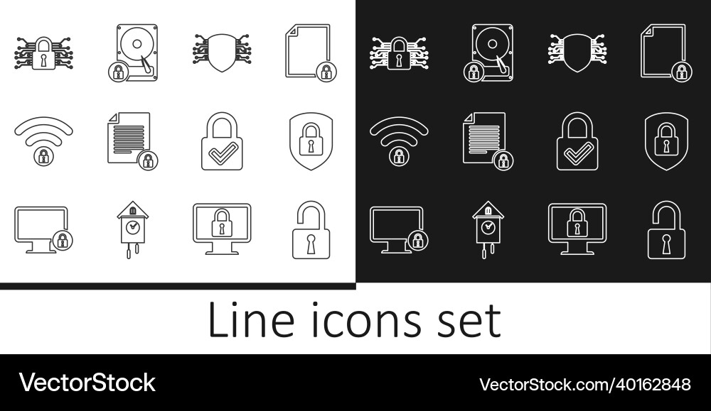 Set line open padlock shield security with cyber Set line open padlock shield security with cyber vector image