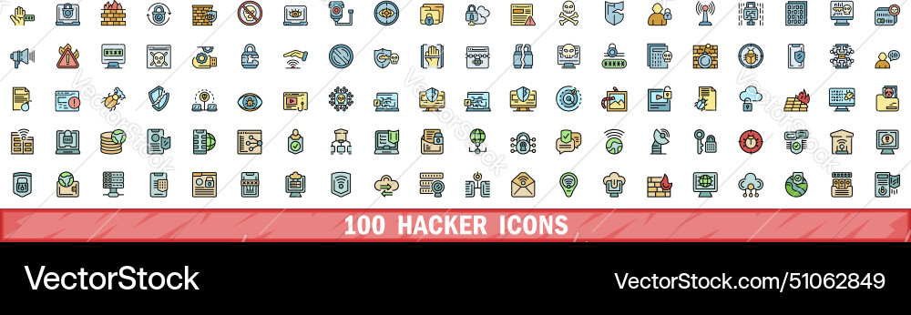 100 hacker icons set color line style 100 hacker icons set color line style vector image