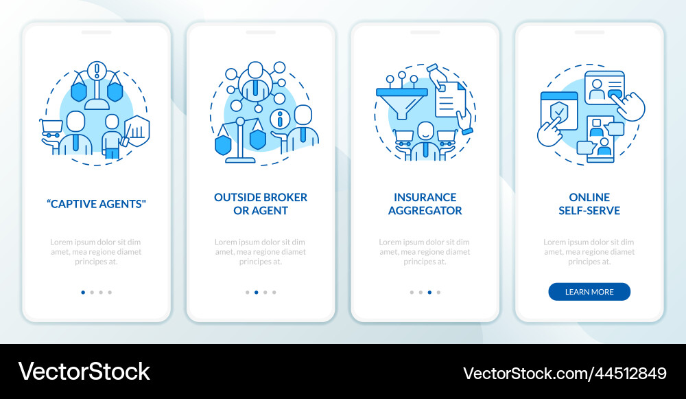 Insurance provider types blue onboarding mobile Insurance provider types blue onboarding mobile vector image