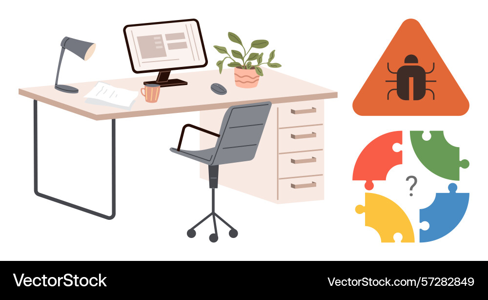 Office desk with computer and bug warning sign Office desk with computer and bug warning sign Vector Image