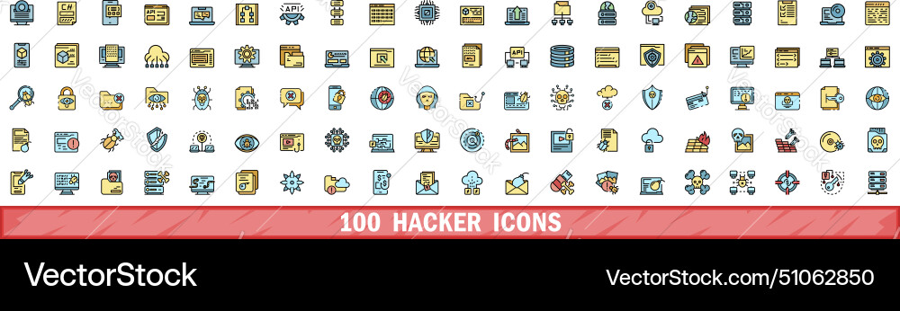 100 hacker icons set color line style 100 hacker icons set color line style vector image