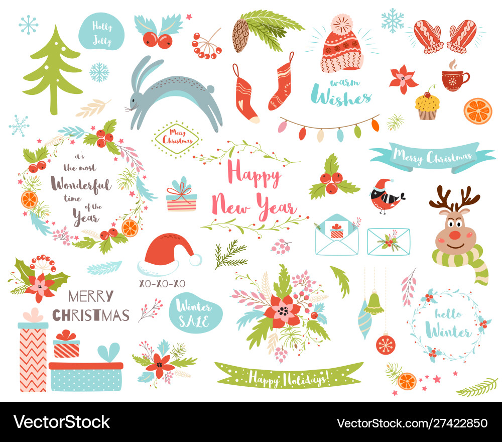 Christmas set new year clipart elements deer fur Christmas set new year clipart elements deer fur vector image