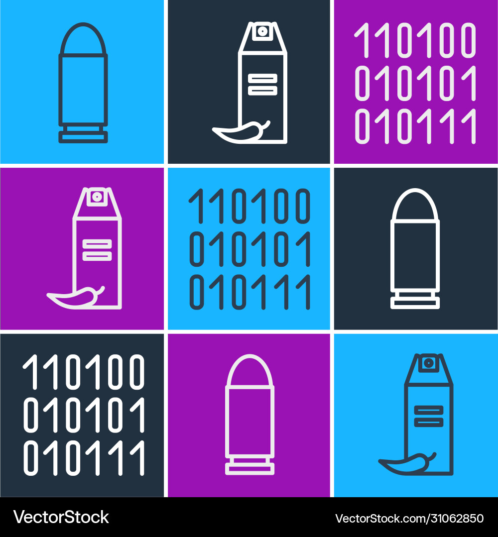 Set line bullet binary code and pepper spray icon Set line bullet binary code and pepper spray icon vector image