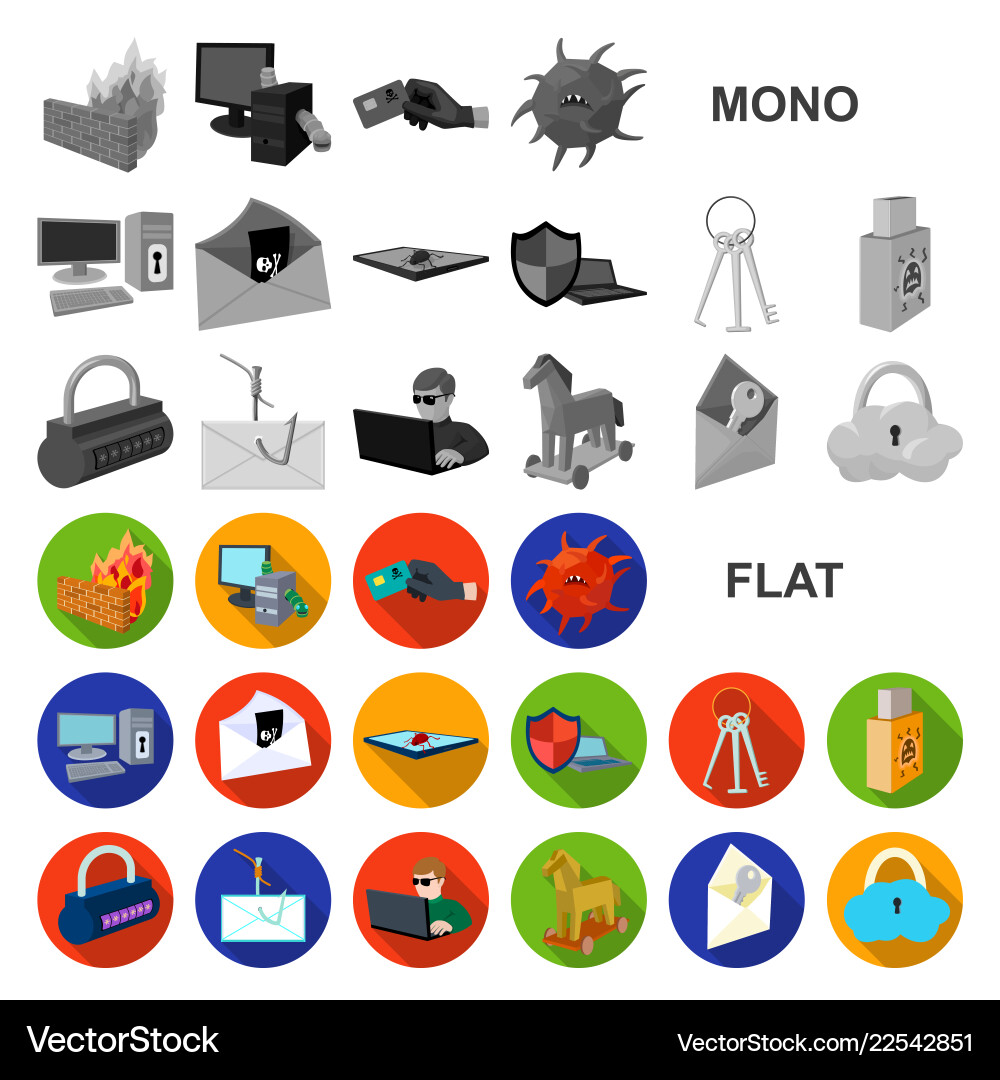 Hacker and hacking flat icons in set collection Hacker and hacking flat icons in set collection vector image