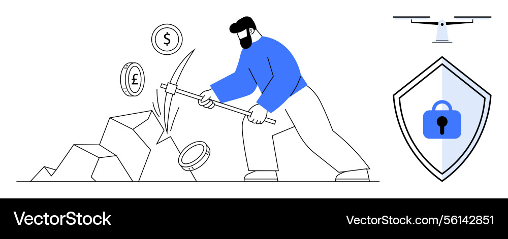 Man mining cryptocurrency with pickaxe balancing Man mining cryptocurrency with pickaxe balancing vector image