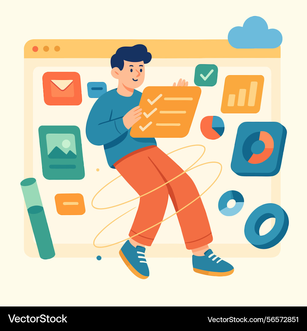 Man reviewing task list on digital interface vector image