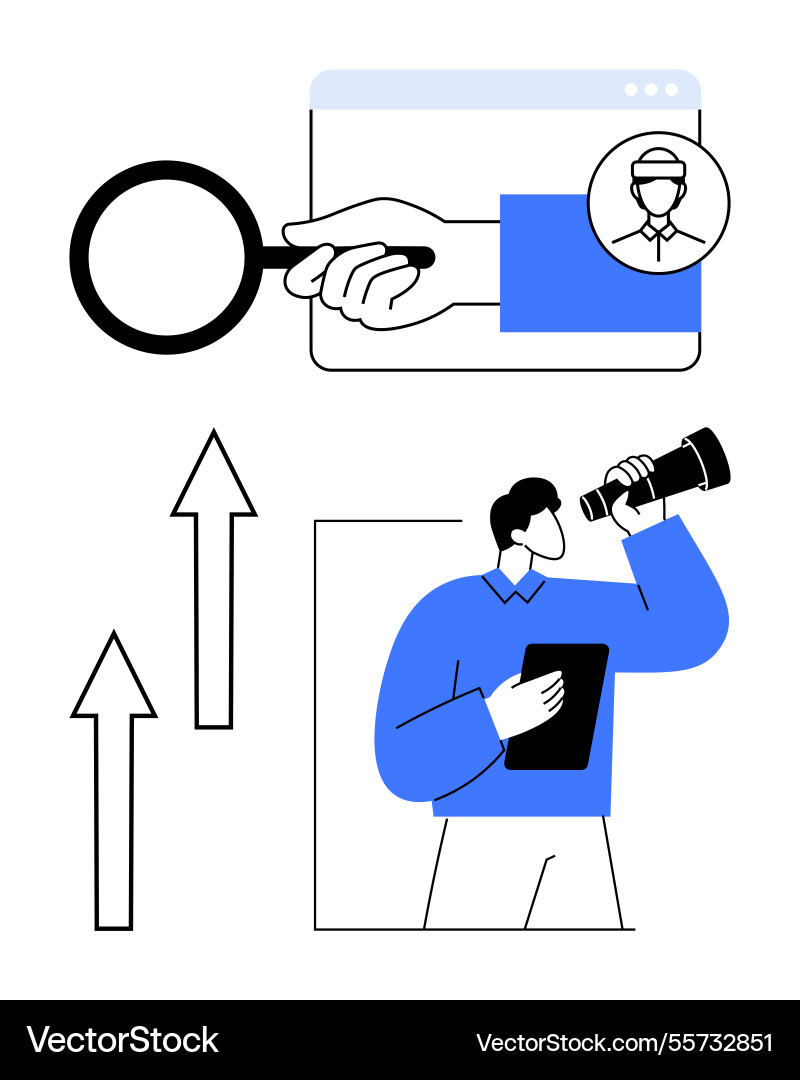 Man with telescope and magnifying glass exploring Man with telescope and magnifying glass exploring vector image