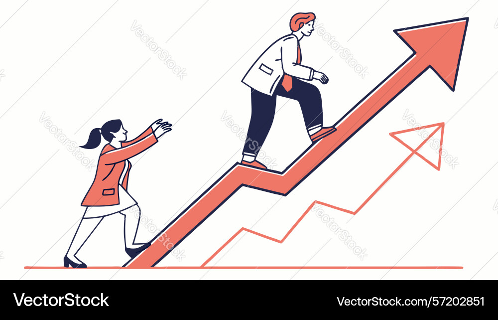 Shared progress figures ascending a large upward Vector Image