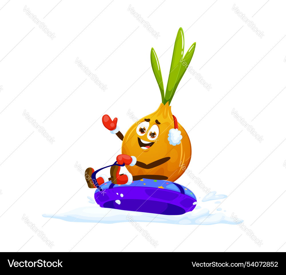 Cartoon onion on snow tube christmas character Cartoon onion on snow tube christmas character vector image