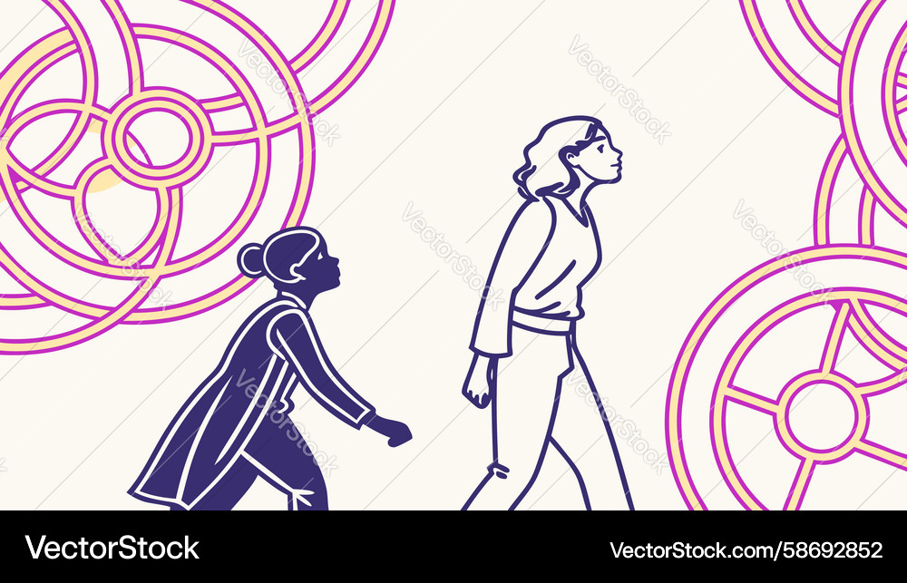 Figures walking with abstract cogwheel patterns Vector Image