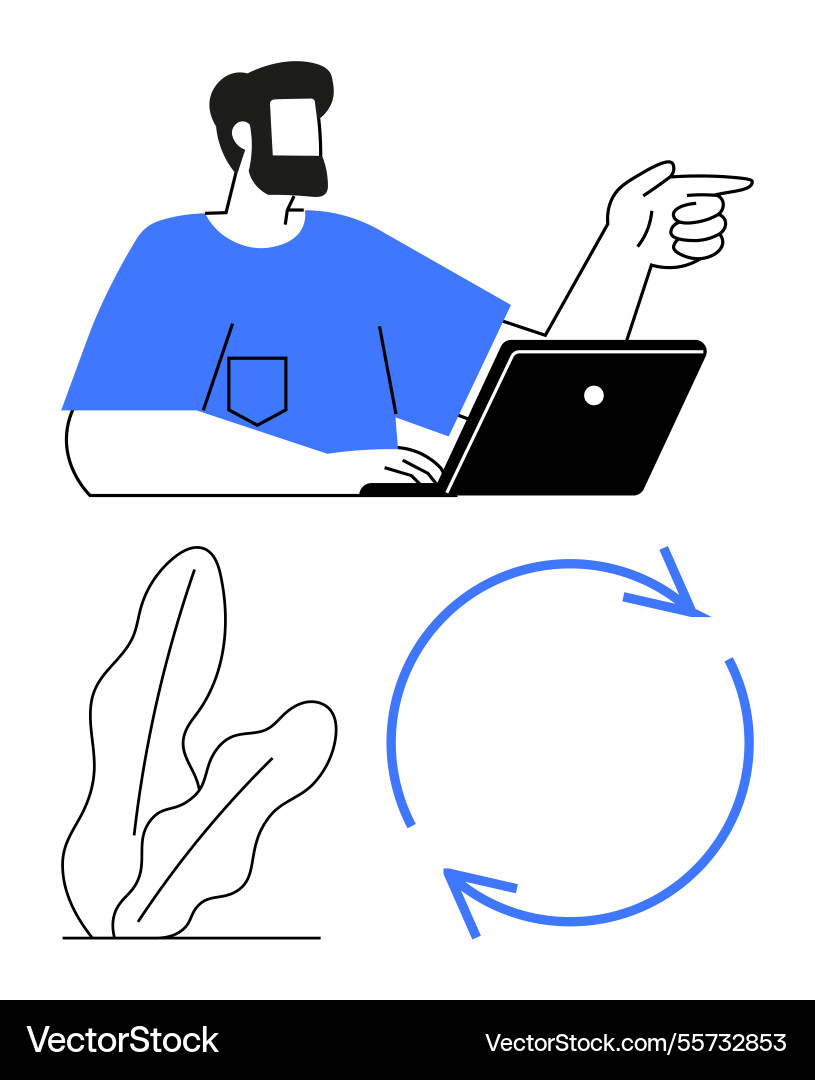 Man pointing while working on laptop with recycle Man pointing while working on laptop with recycle vector image