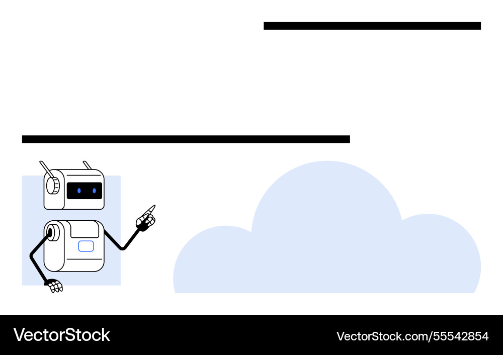Friendly robot pointing towards floating element Friendly robot pointing towards floating element vector image