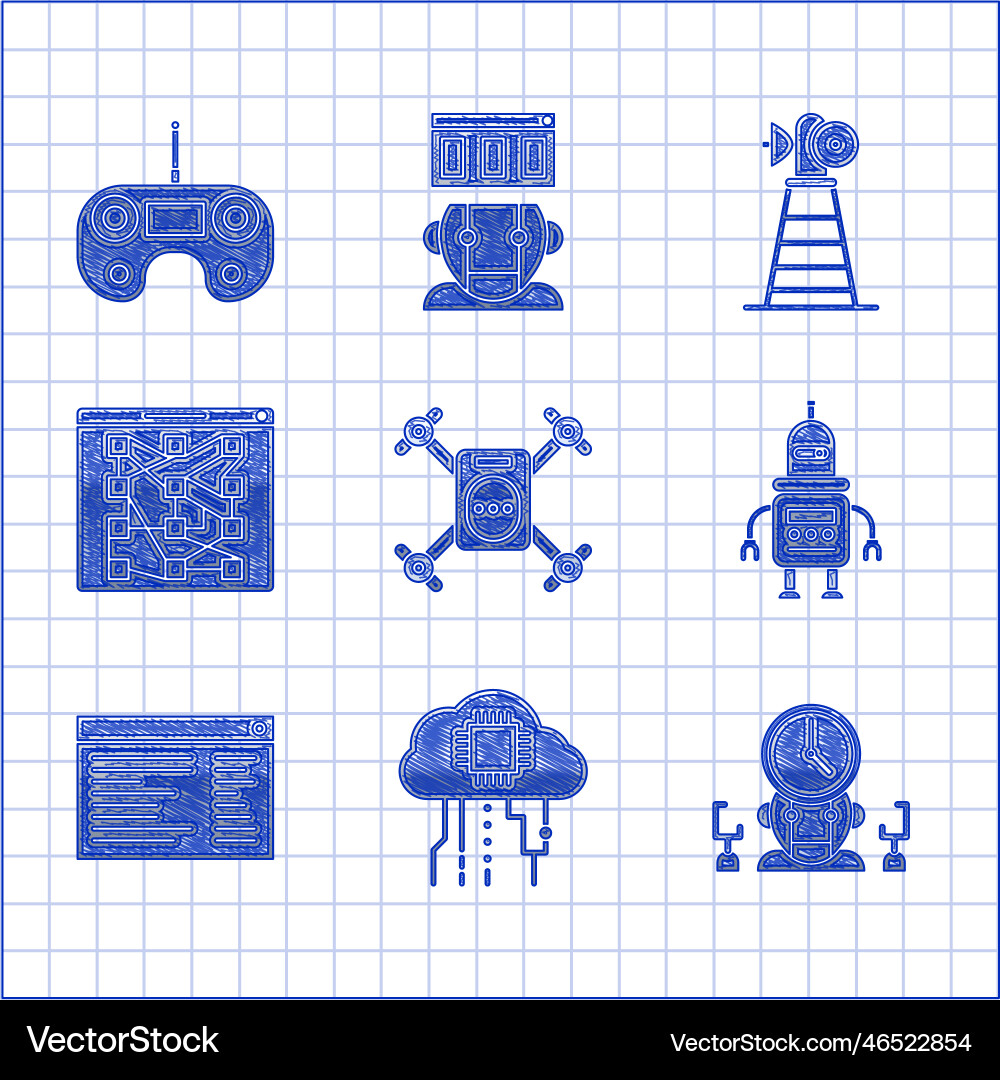 Set drone flying with action camera robot Vector Image