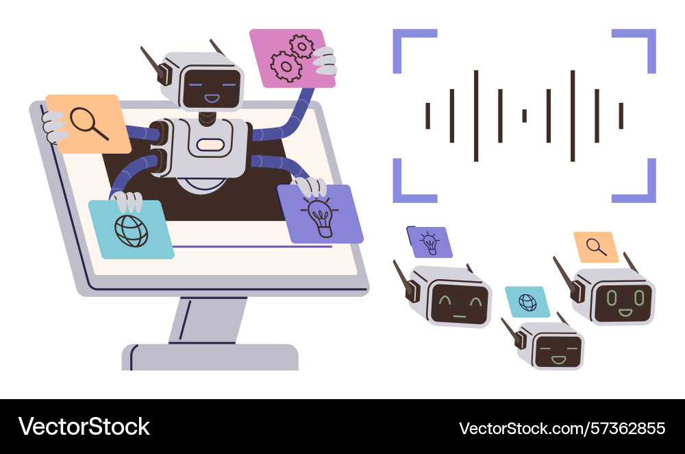 Ai robot with multiple arms and interface elements vector image
