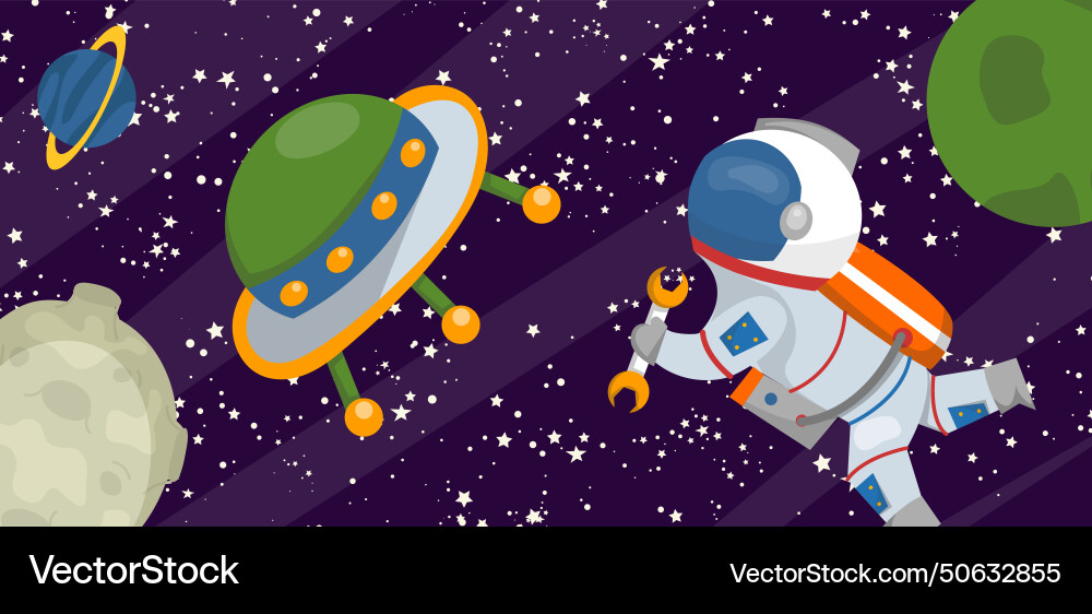 Astronaut with wrench floating in space near Astronaut with wrench floating in space near vector image