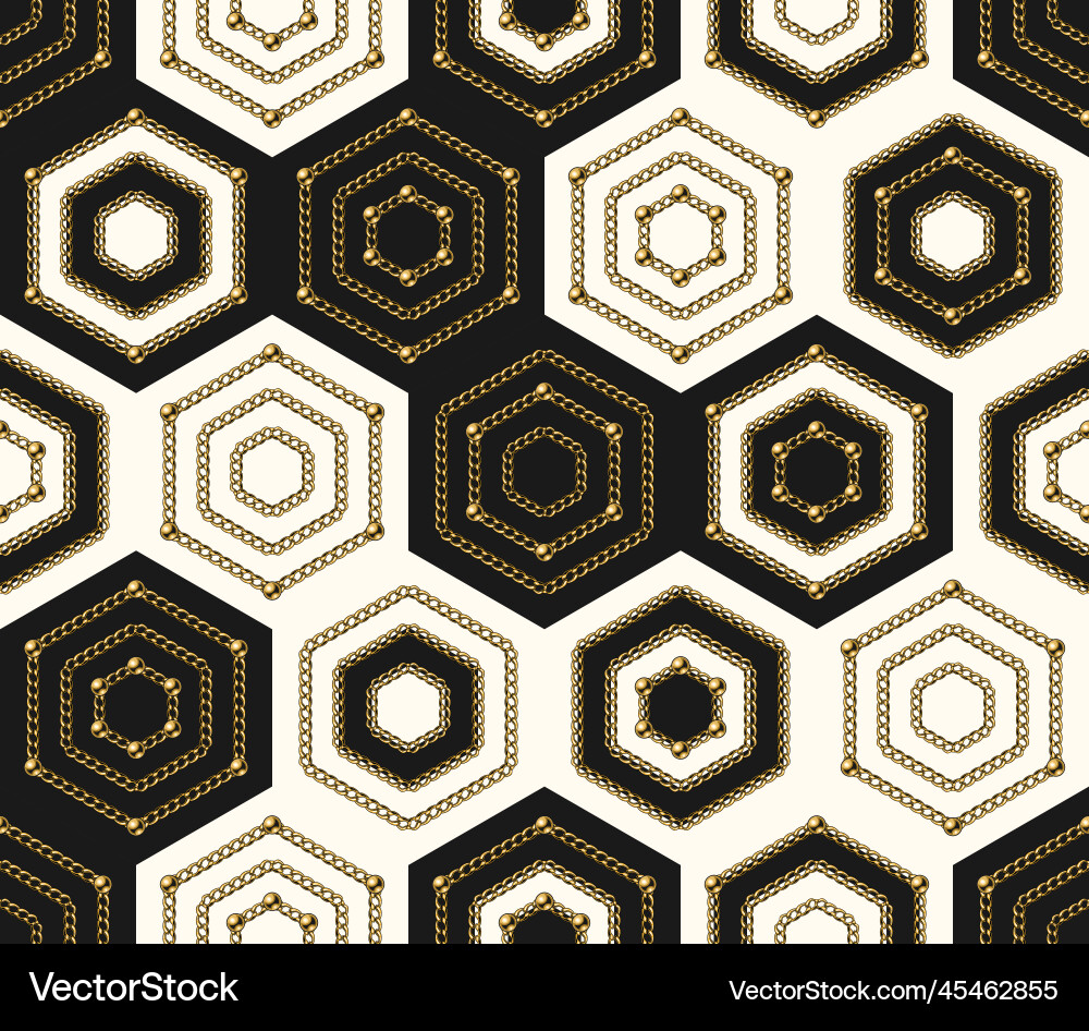 Hexagonal grid seamless pattern with gold chain Hexagonal grid seamless pattern with gold chain Vector Image