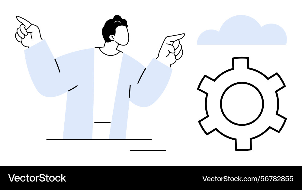 Man pointing towards cloud with gear representing Man pointing towards cloud with gear representing Vector Image