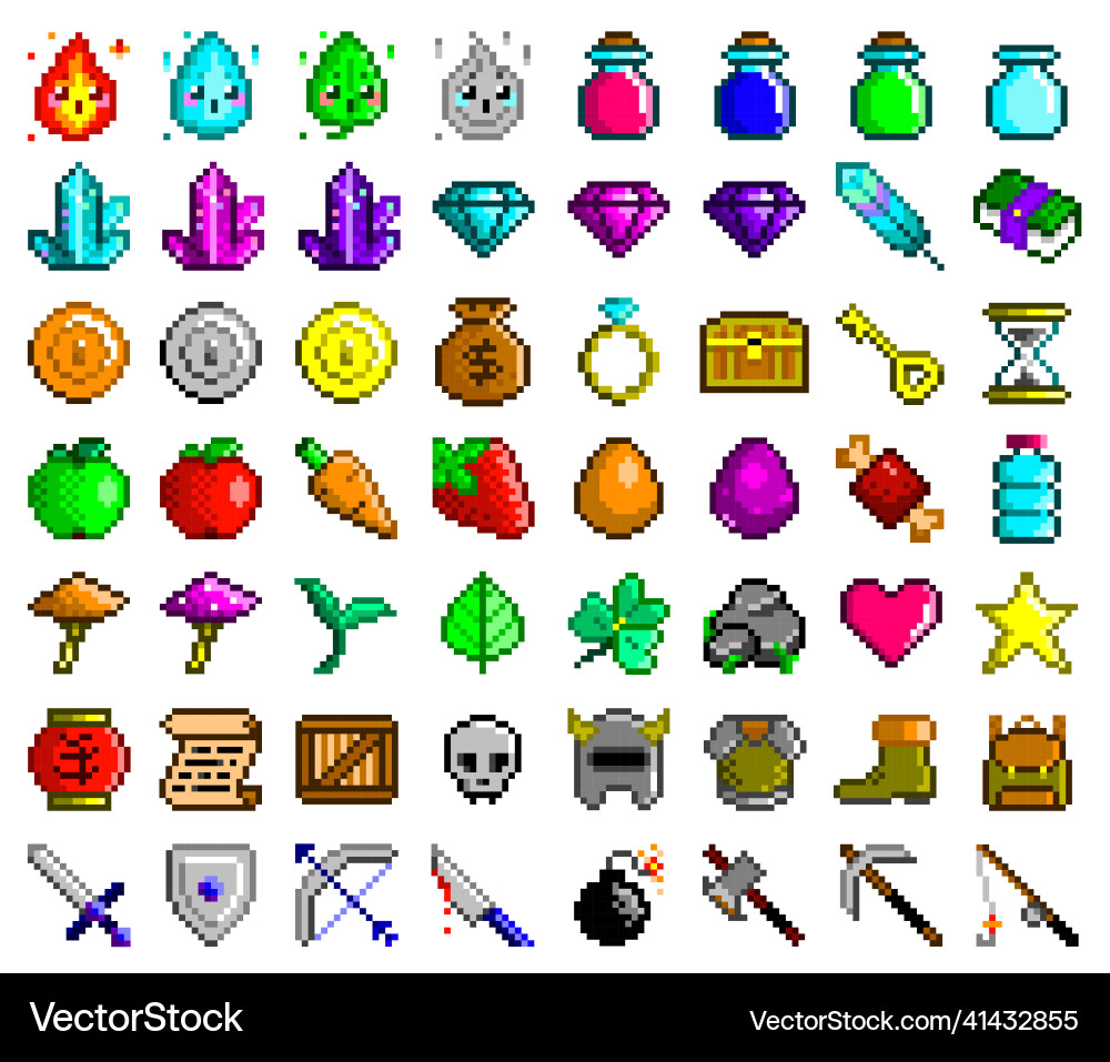 Pixel art icons set game assets 56 items Pixel art icons set game assets 56 items vector image