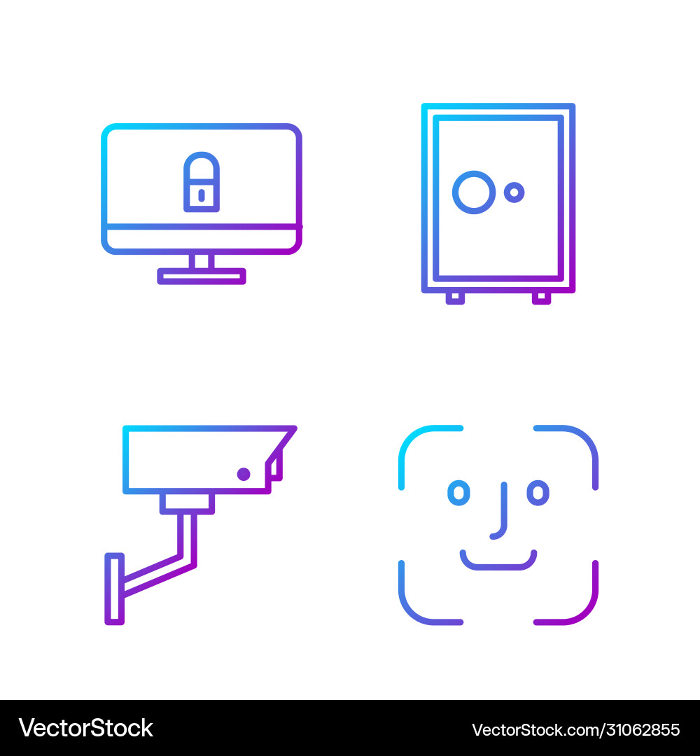 Set line face recognition security camera lock Set line face recognition security camera lock vector image